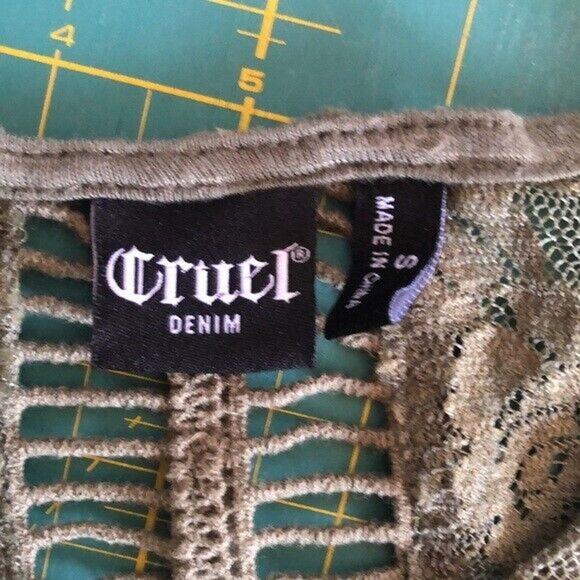 Cruel Denim Womens Size Small Top Olive Green Lace Inserts Split Back - Picture 3 of 6